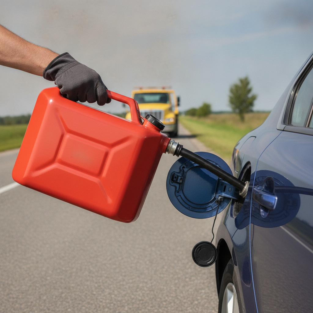 Photorealistic roadside fuel delivery scene showing a person pouring gasoline directly from a red jerry can into the open fuel filler port of a stranded passenger car. The fuel door is open, and the jerry can spout is clearly inserted into